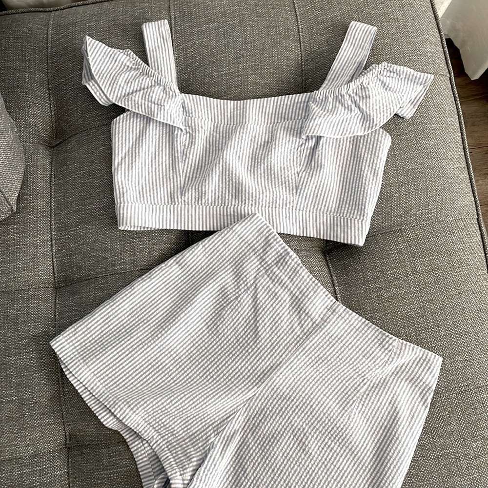 Bettie Page Light Blue and White Striped Two-Piece Shorts Set